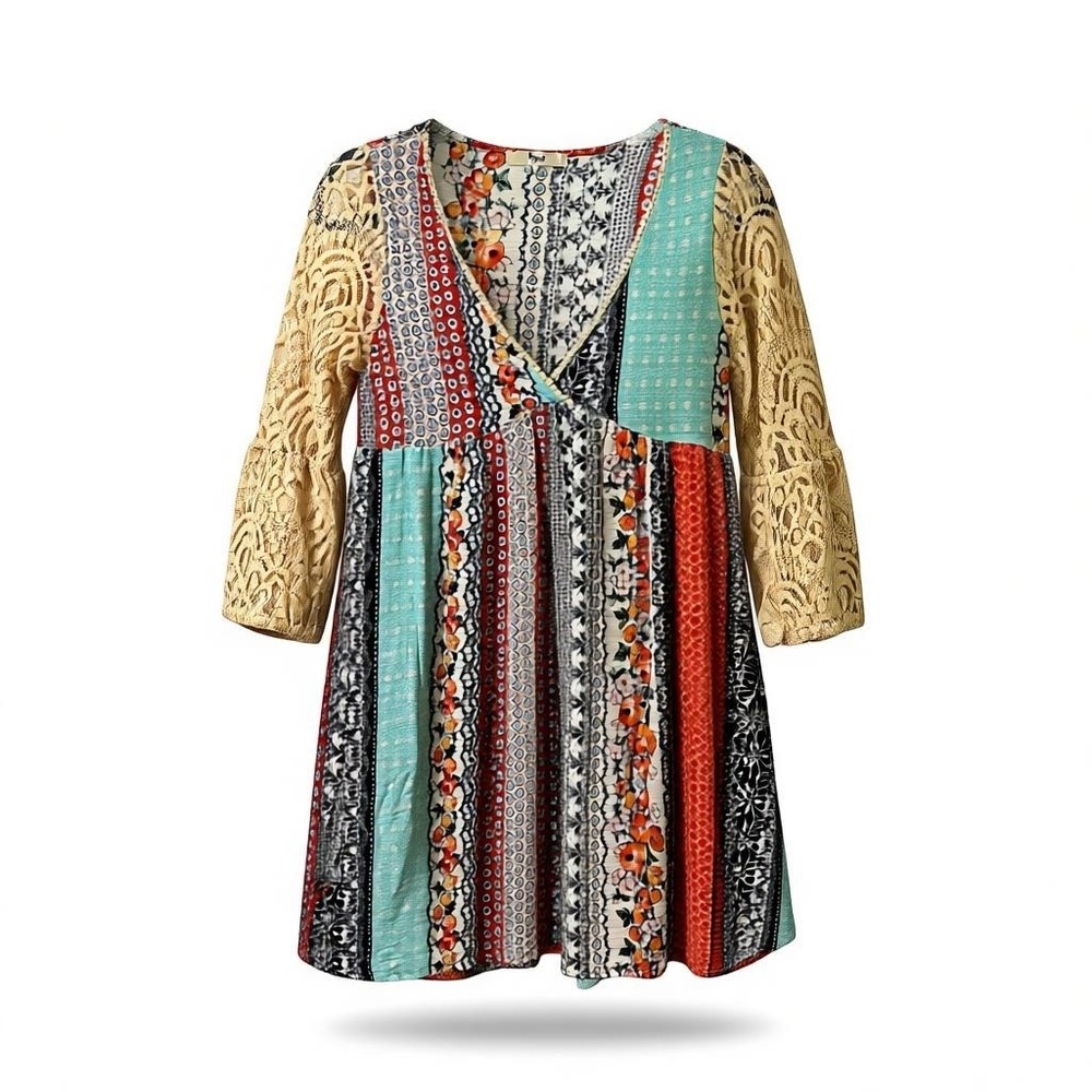 Boho Patchwork Long Sleeve Dress - Multicolor